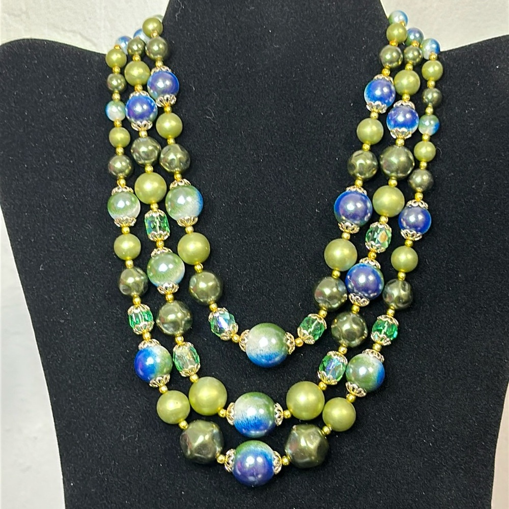Glass, Green Crystal & AB Green Crystal 3 Strand Vintage Necklace Japan